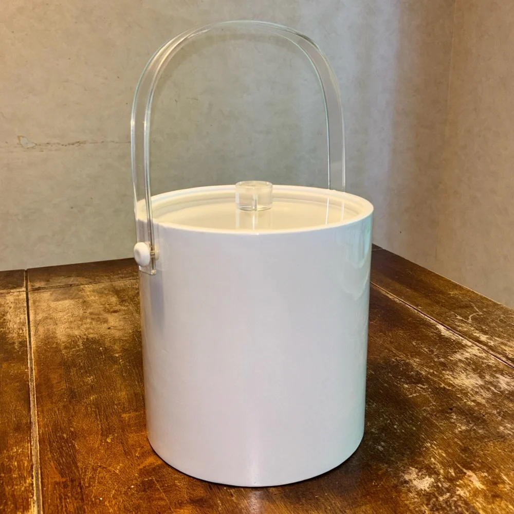 Vintage White Vinyl Ice Bucket with Lucite Handle and Lid